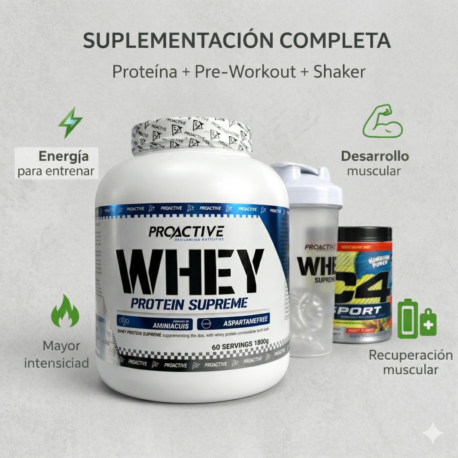 Proteína 100 % whey 4 libras 60 servicios + pre-workout C4  2