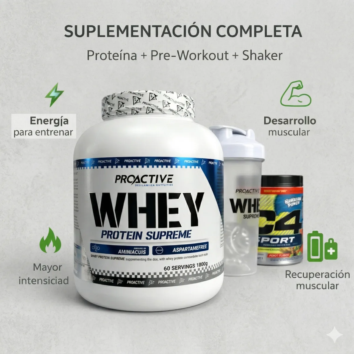 Proteína 100 % whey 4 libras 60 servicios + pre-workout C4  2